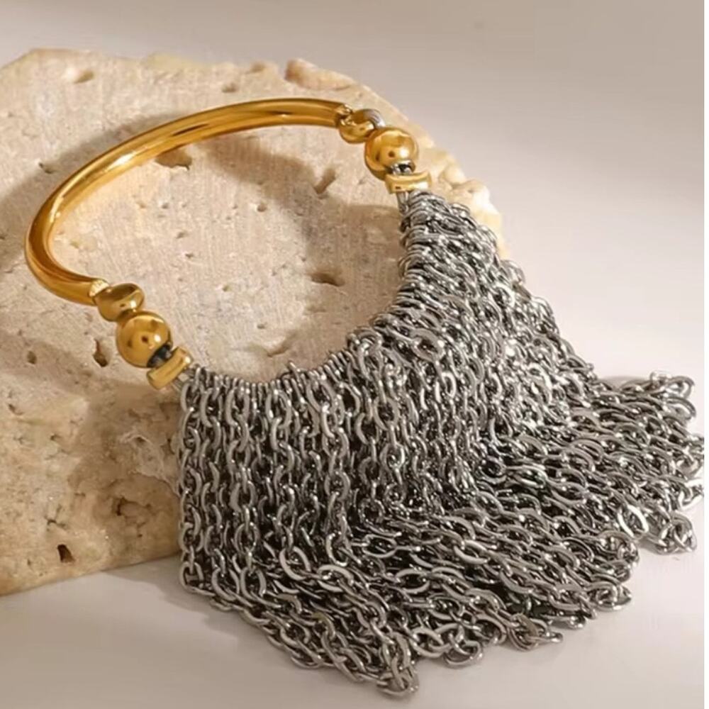 Gold Plated Stainless Steel Adjustable Chain Fringe Statement Ring